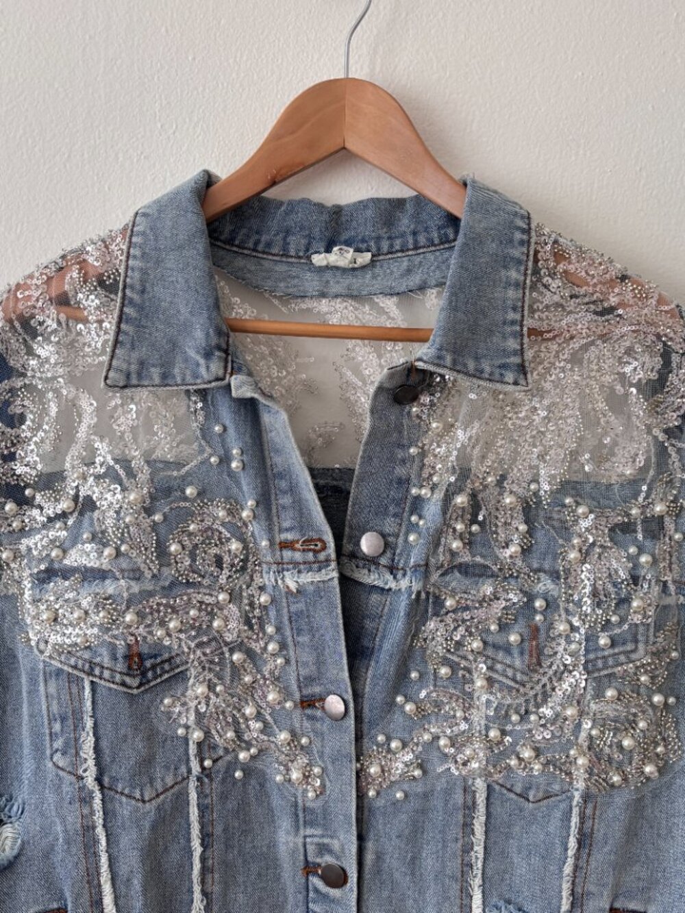 POL Sequin & Pearl Embellished Distressed Denim Trucker Vest - Picture 6 of 11